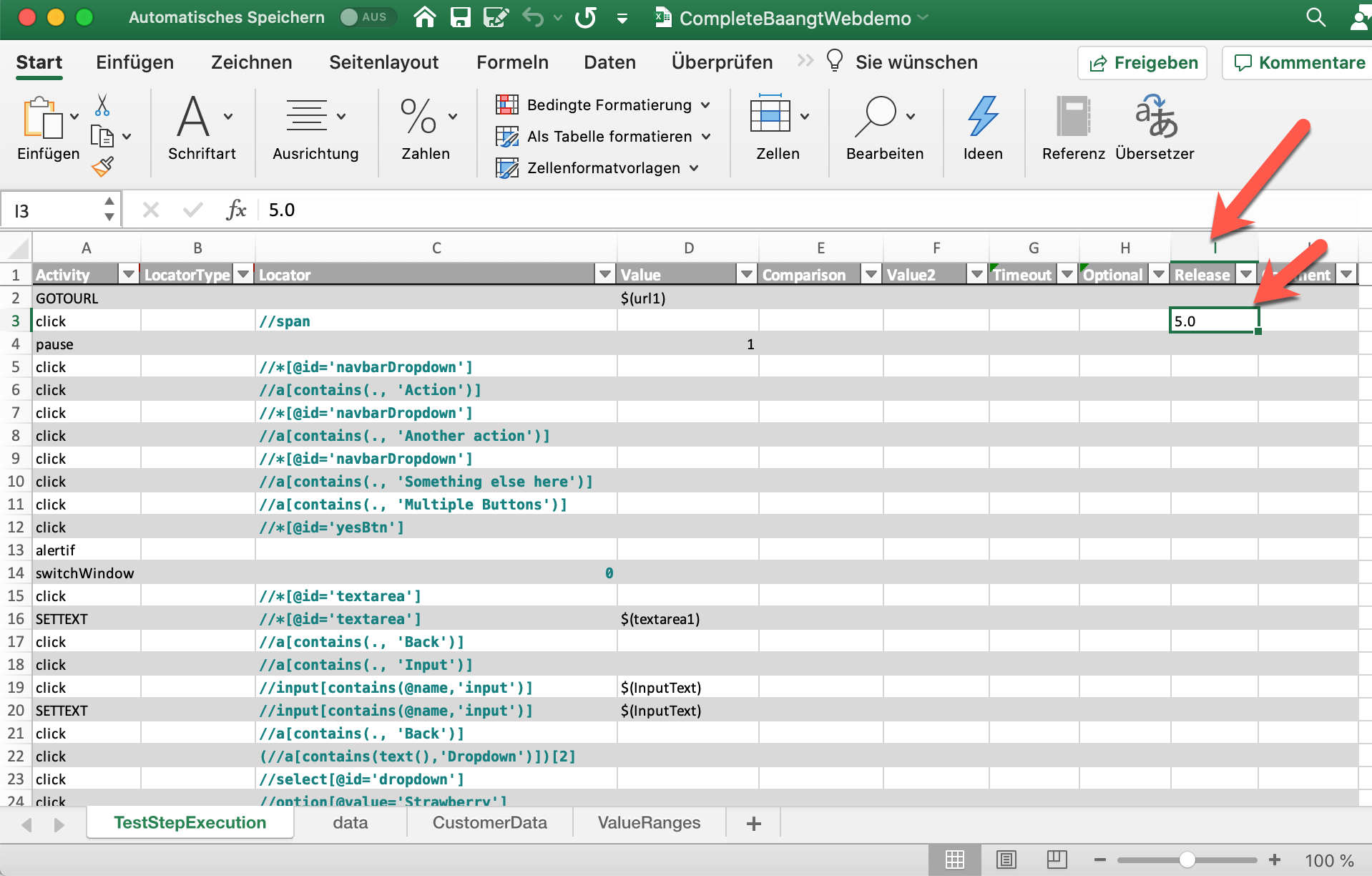 View of test case definition with Release field