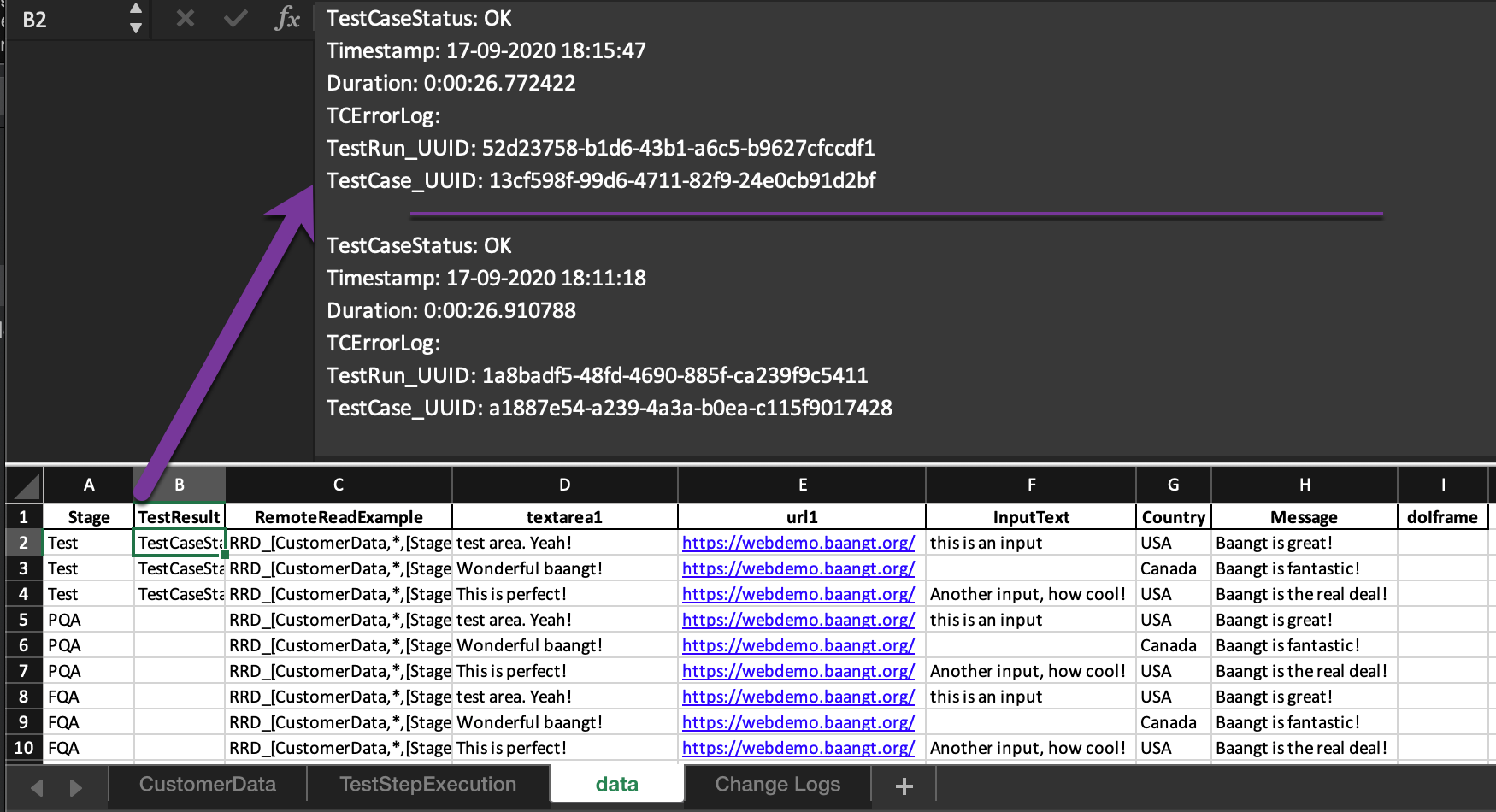 Test Results in a test case where the historic execution is documented - e.g. with duration, status, error text and more